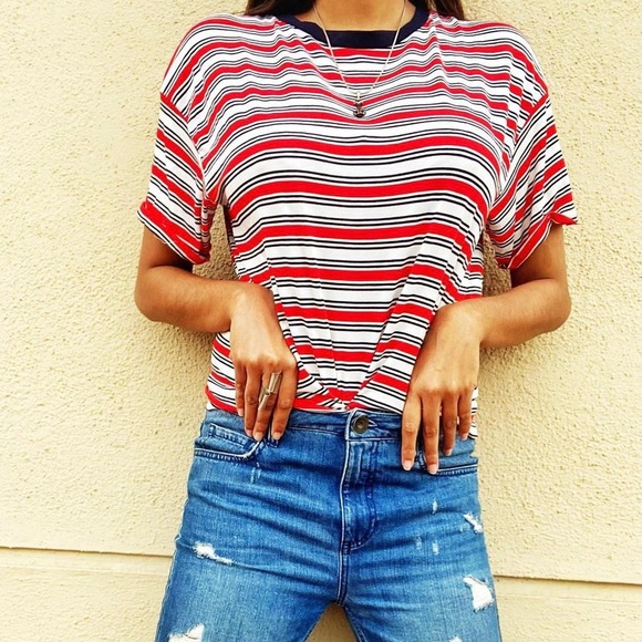 Striped red white and black top.